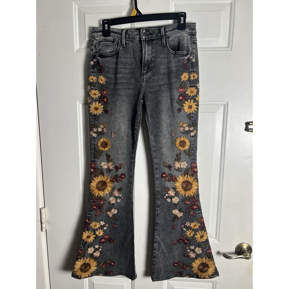 Driftwood Jeans Womens 26 Blue Stretch Floral Embroidered Farrah High Rise Jeans